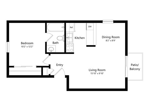 Floor plan for 1 bed, 1 bath, 610 sqft